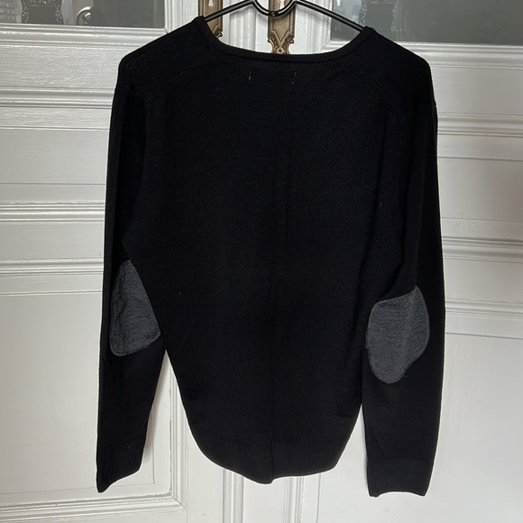 Zara Man Black V Neck Wool Sweater with Grey Elbow Patch Detail. Size Large - Picture 2 of 4